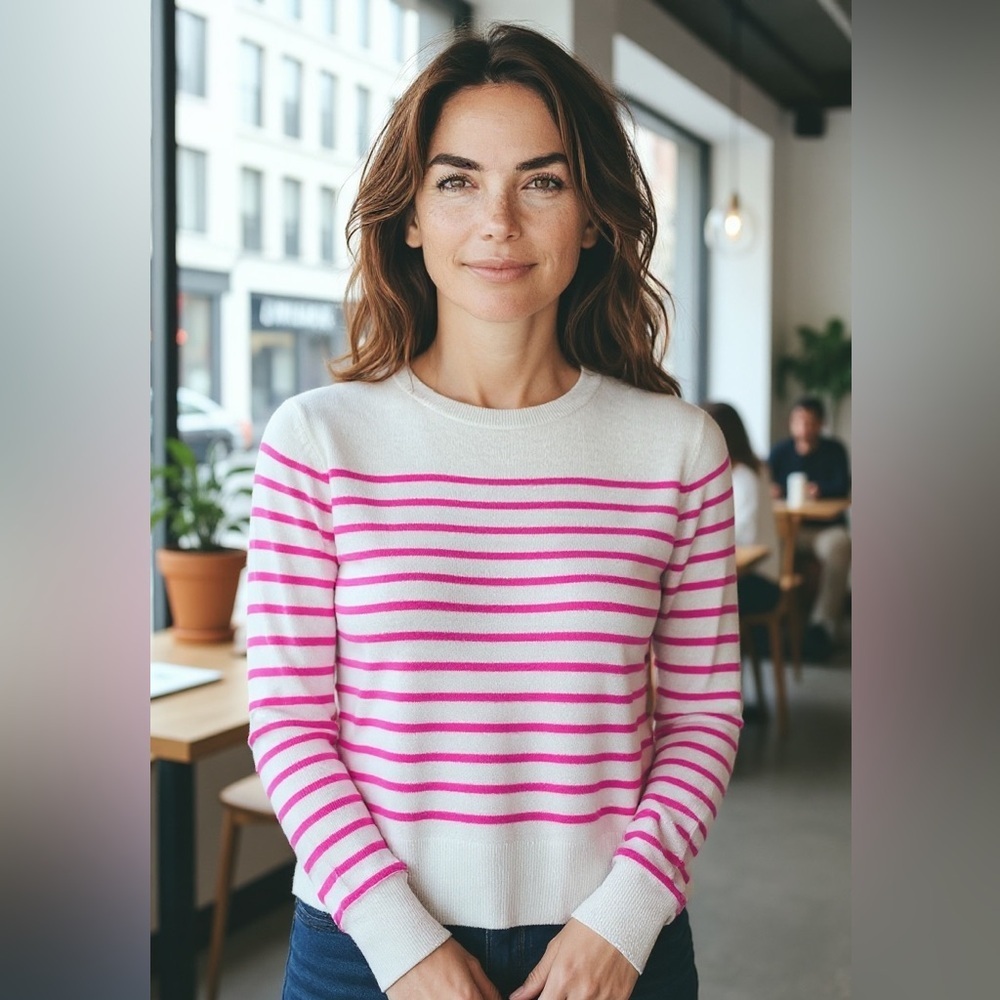 ANTONIO MELANI Women’s Cream and Pink Striped Cashmere Sweater Size XL - Picture 2 of 8